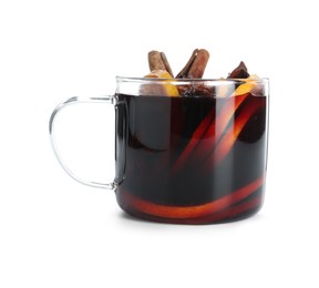 Photo of Tasty mulled wine with orange slices and spices isolated on white