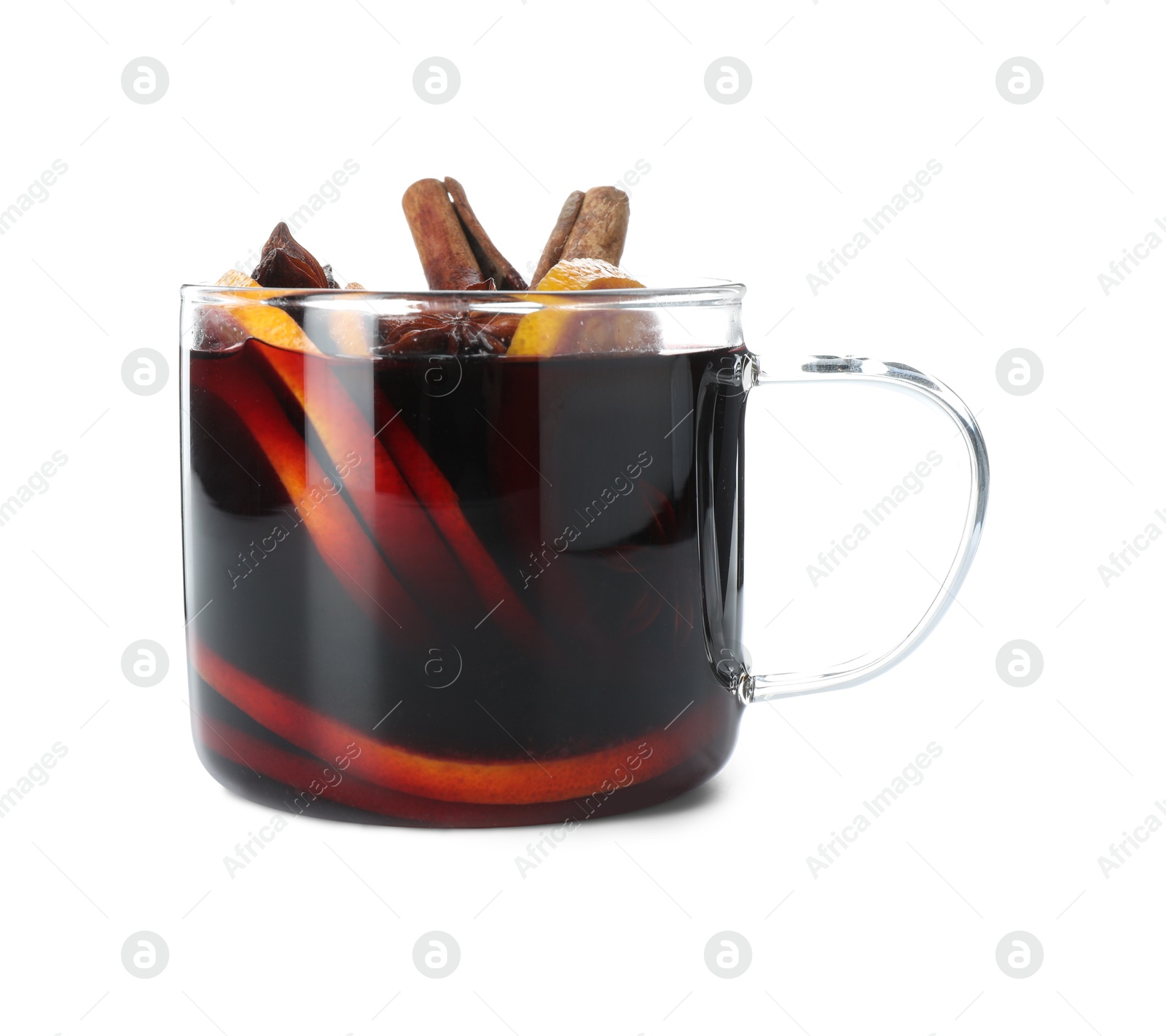 Photo of Tasty mulled wine with orange slices and spices isolated on white