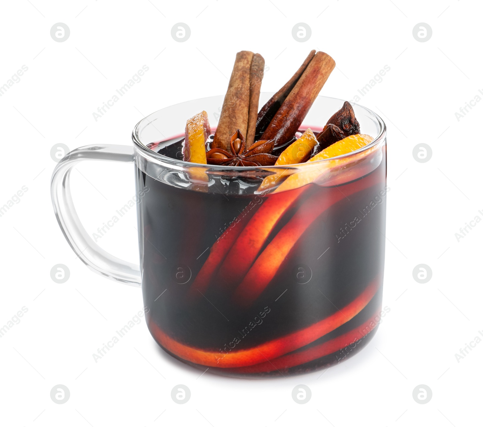 Photo of Tasty mulled wine with orange slices and spices isolated on white