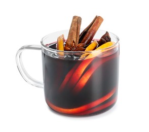 Photo of Tasty mulled wine with orange slices and spices isolated on white