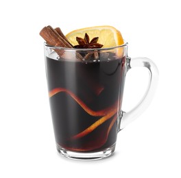 Photo of Tasty mulled wine with spices and orange slices in cup isolated on white. Christmas drink