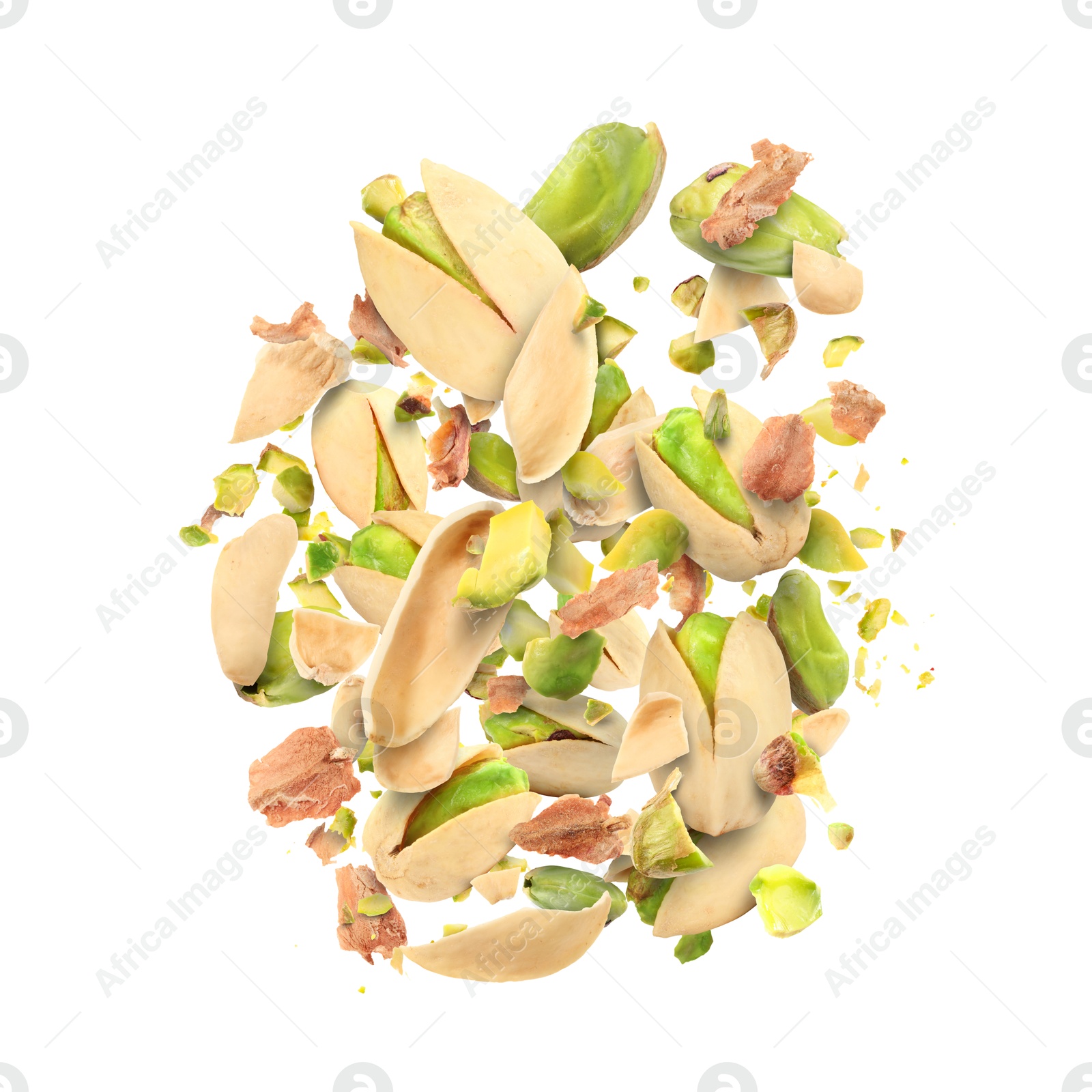 Image of Tasty pistachios with cracked nutshell in air on white background