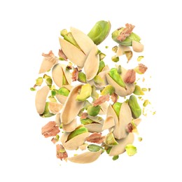 Image of Tasty pistachios with cracked nutshell in air on white background