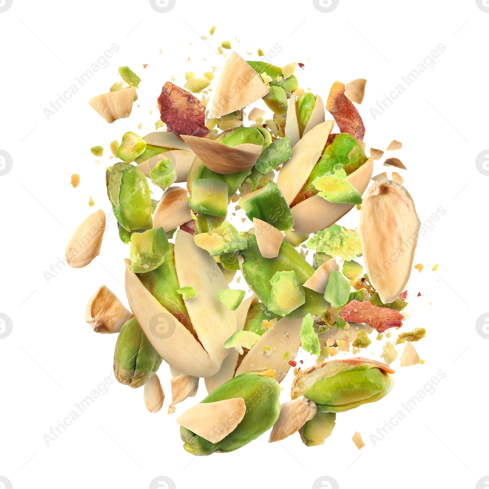 Image of Tasty pistachios with cracked nutshell in air on white background