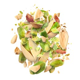 Image of Tasty pistachios with cracked nutshell in air on white background