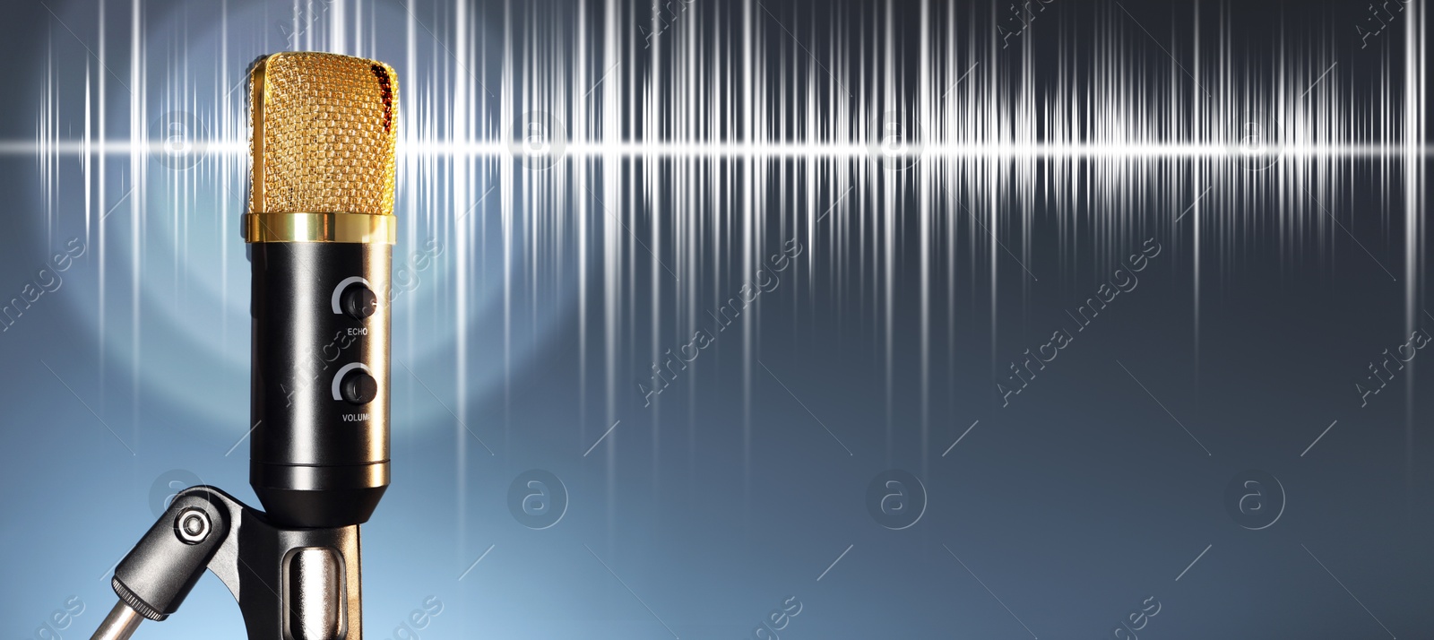 Illustration of Sound wave and microphone on grey gradient background. Banner design