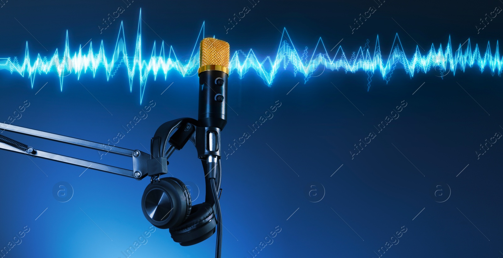 Illustration of Sound wave, microphone and headphones on blue gradient background. Banner design