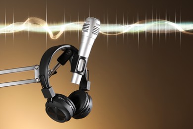 Illustration of Sound wave, microphone and headphones on brown gradient background