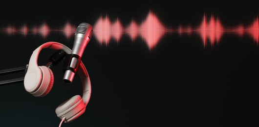 Illustration of Sound wave, microphone and headphones on black background. Banner design