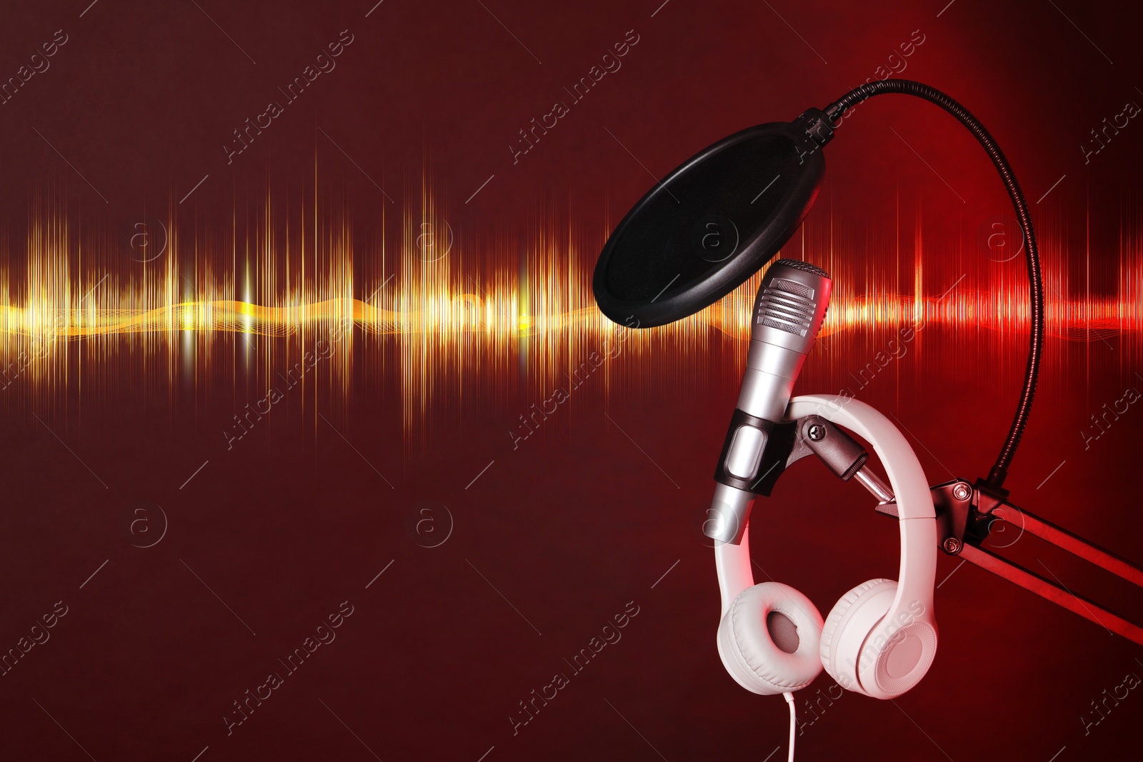 Illustration of Sound wave, microphone, headphones and pop filter on red background