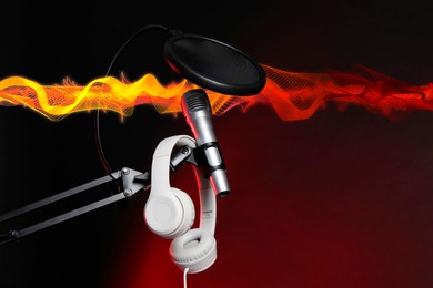 Illustration of Sound wave, microphone, headphones and pop filter on red gradient background