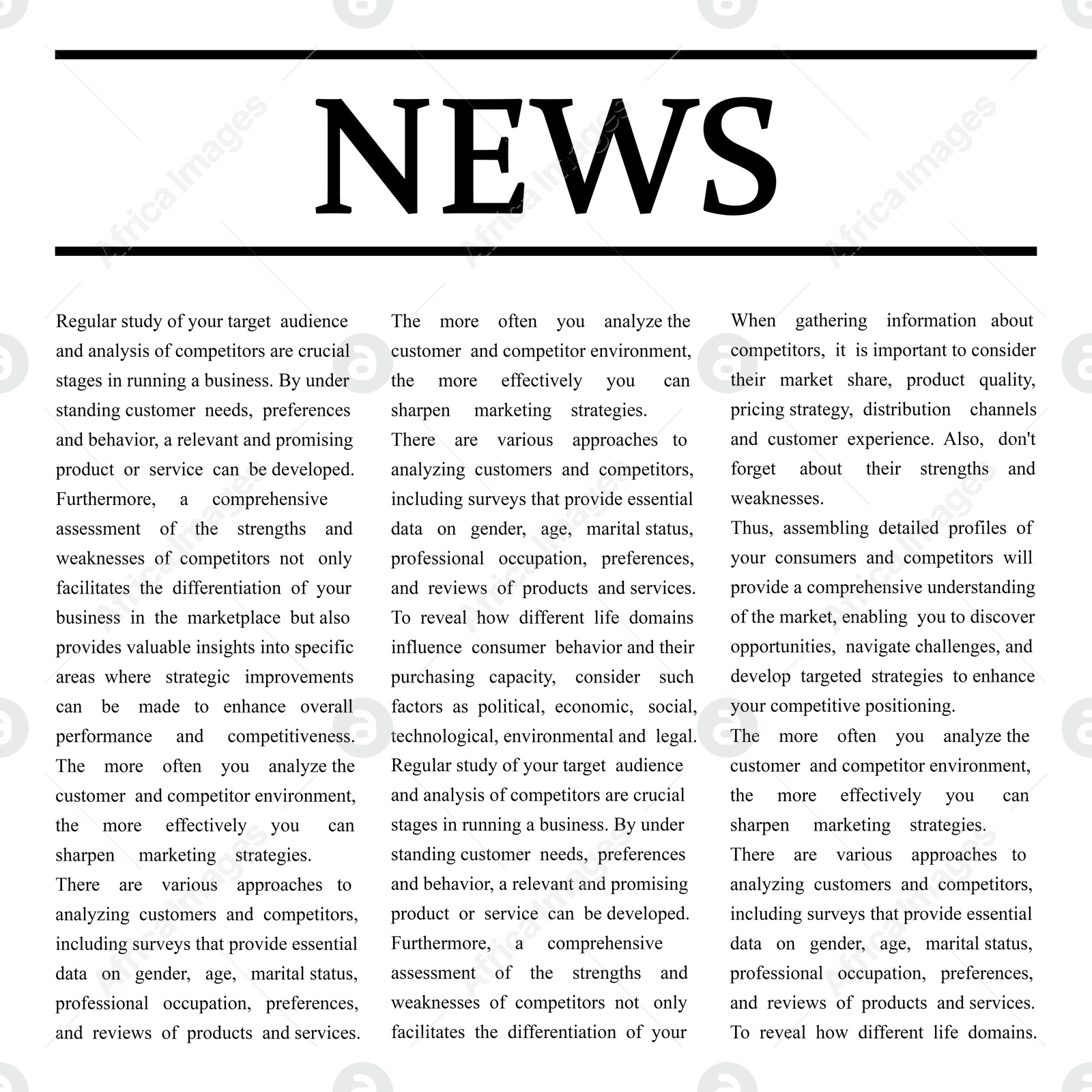 Image of Newspaper article. Title News and text on white background