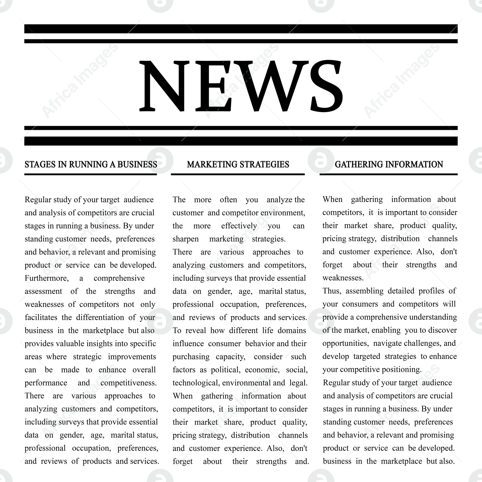 Image of Newspaper article. Title News and text on white background