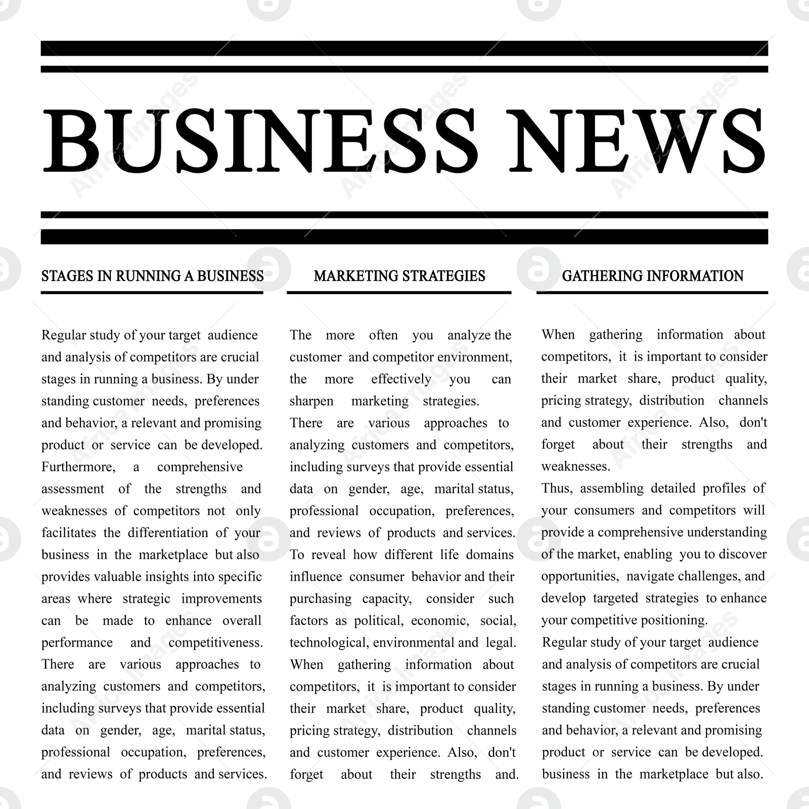 Image of Newspaper article. Title Business News and text on white background