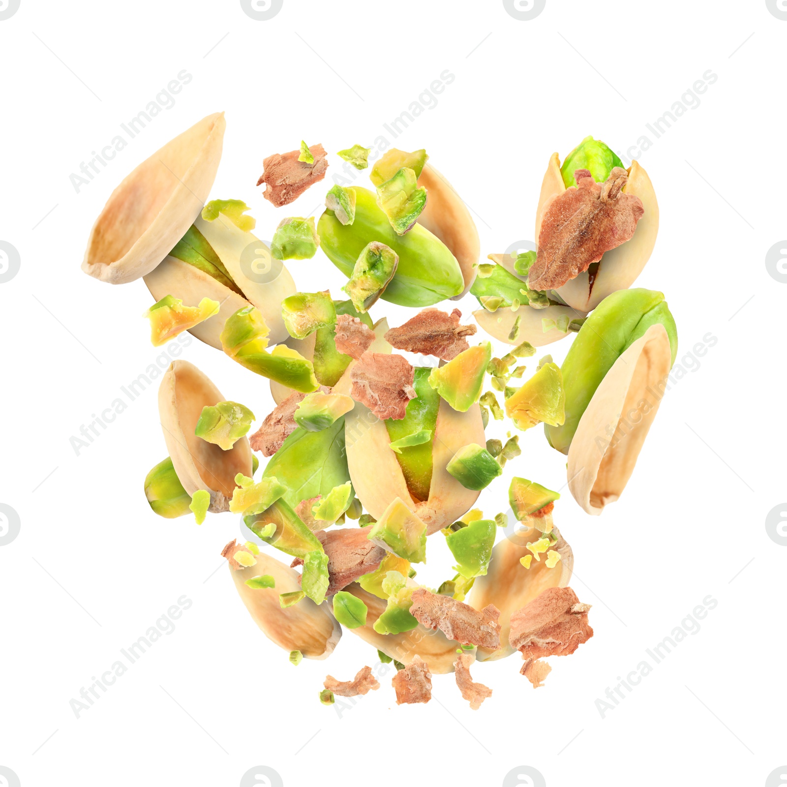 Image of Tasty pistachios with cracked nutshell in air on white background