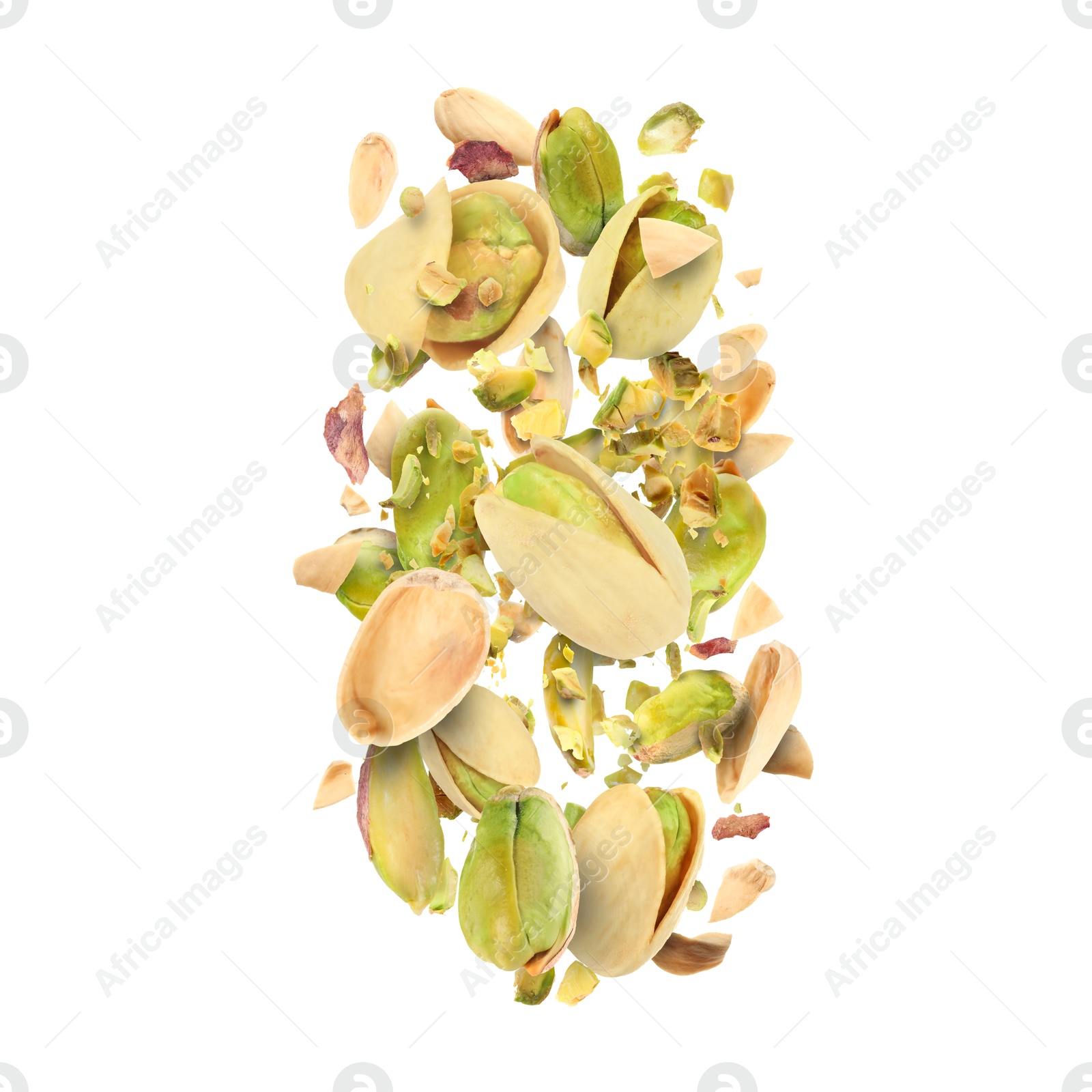 Image of Tasty pistachios with cracked nutshell in air on white background