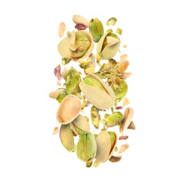 Image of Tasty pistachios with cracked nutshell in air on white background