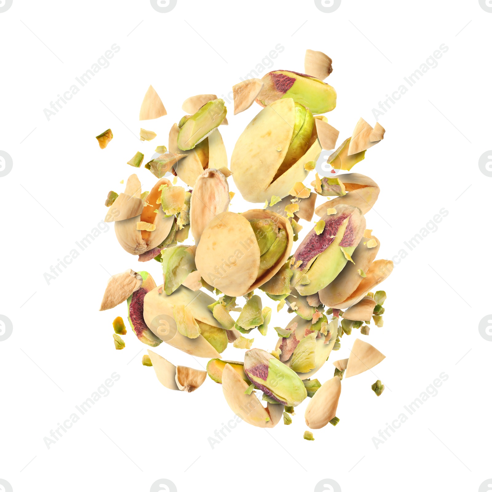 Image of Tasty pistachios with cracked nutshell in air on white background