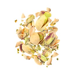 Image of Tasty pistachios with cracked nutshell in air on white background