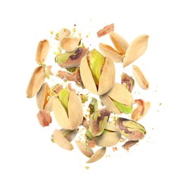 Image of Tasty pistachios with cracked nutshell in air on white background