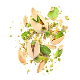 Image of Tasty pistachios with cracked nutshell in air on white background