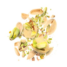 Image of Tasty pistachios with cracked nutshell in air on white background