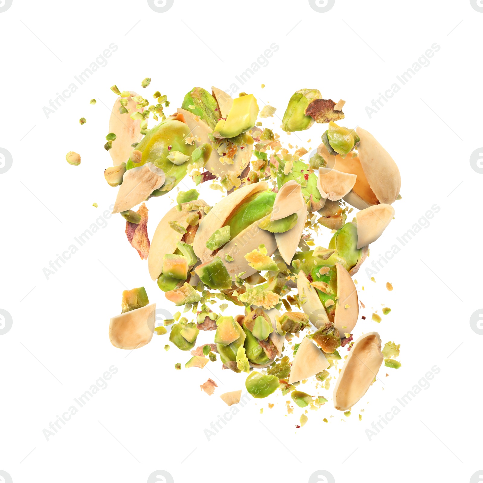 Image of Tasty pistachios with cracked nutshell in air on white background