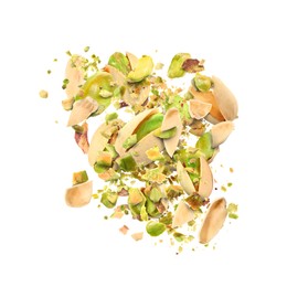 Image of Tasty pistachios with cracked nutshell in air on white background