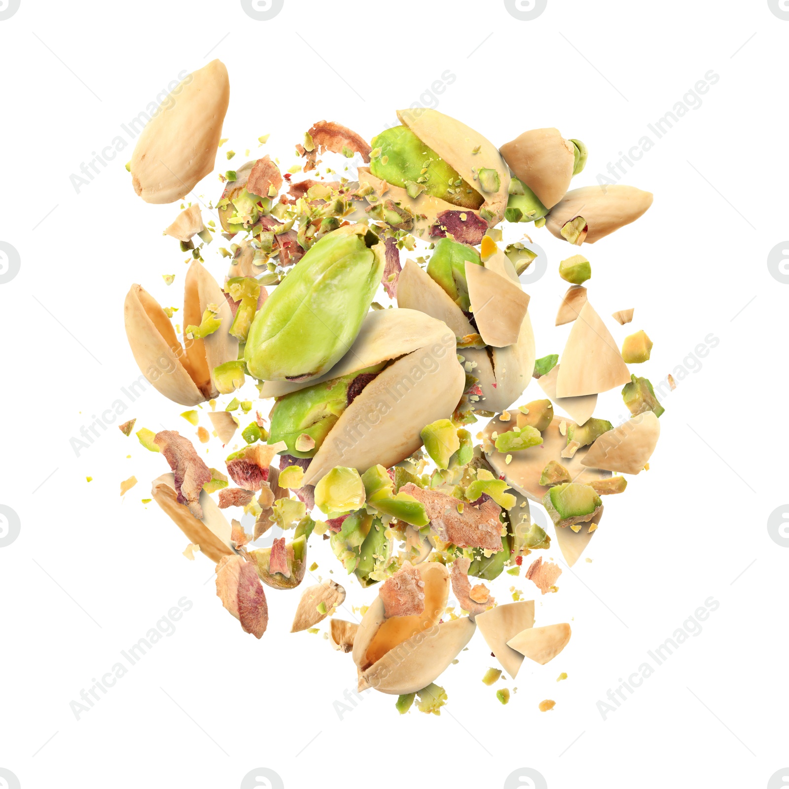 Image of Tasty pistachios with cracked nutshell in air on white background