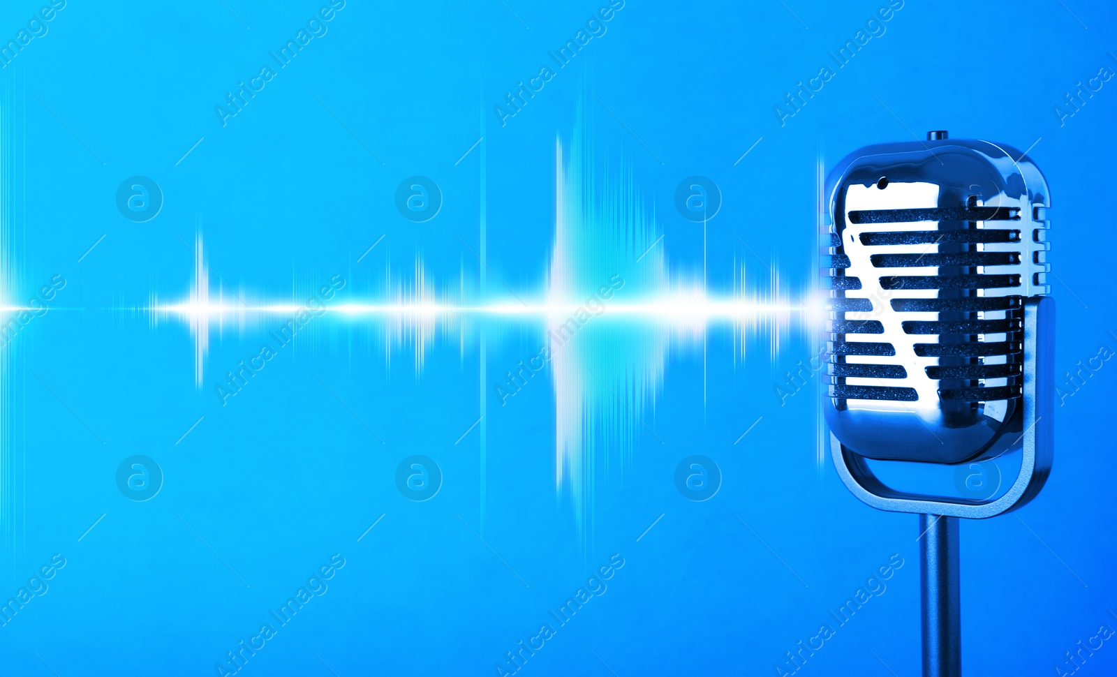 Image of Sound wave and microphone on blue gradient background