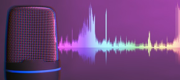 Image of Sound wave and microphone on purple gradient background. Banner design