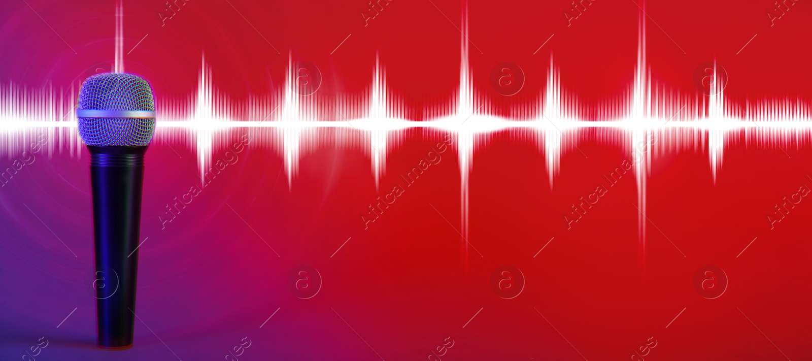 Image of Sound wave and microphone on red and purple gradient background. Banner design