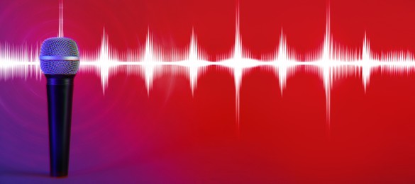 Image of Sound wave and microphone on red and purple gradient background. Banner design