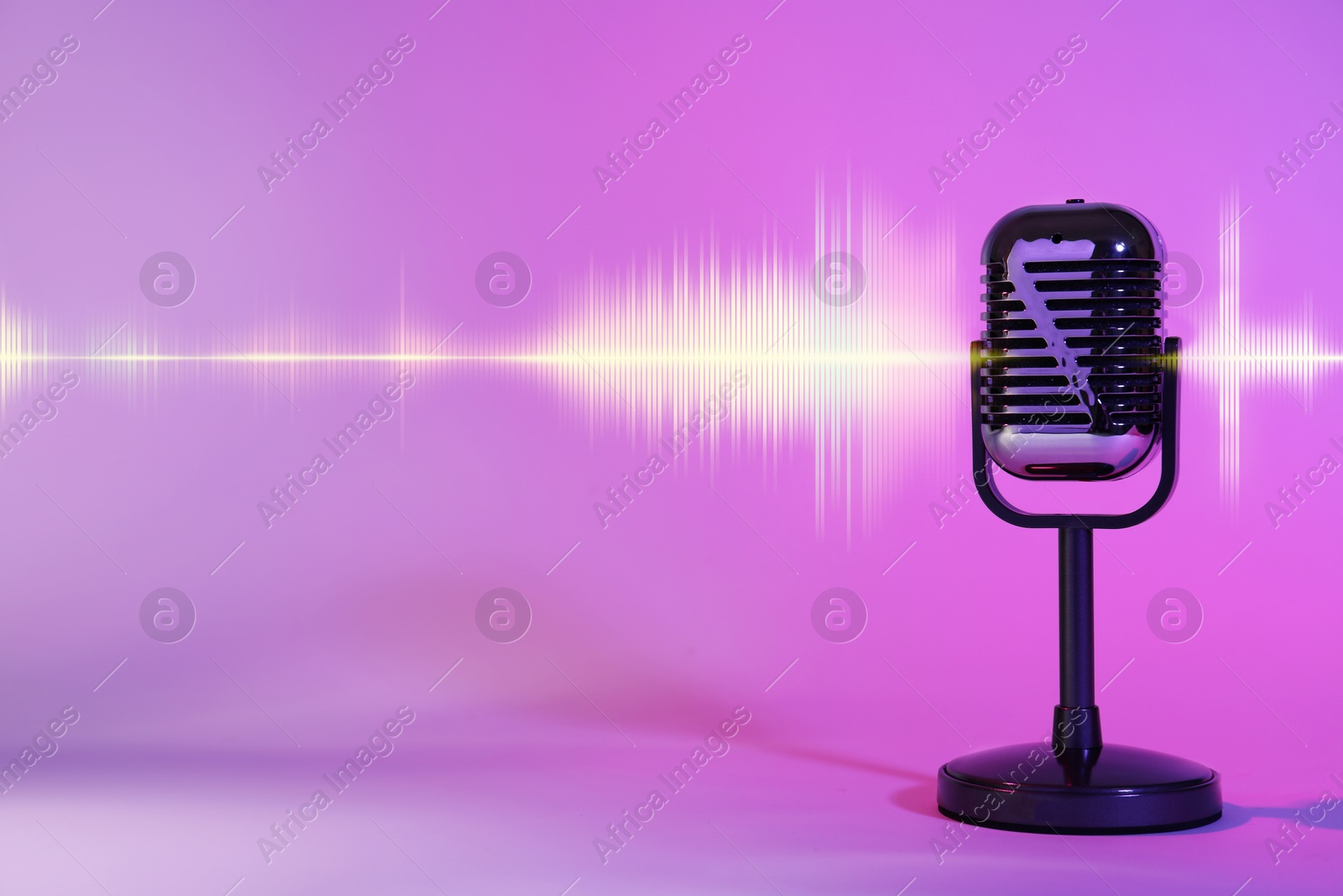 Image of Sound wave and microphone on violet gradient background