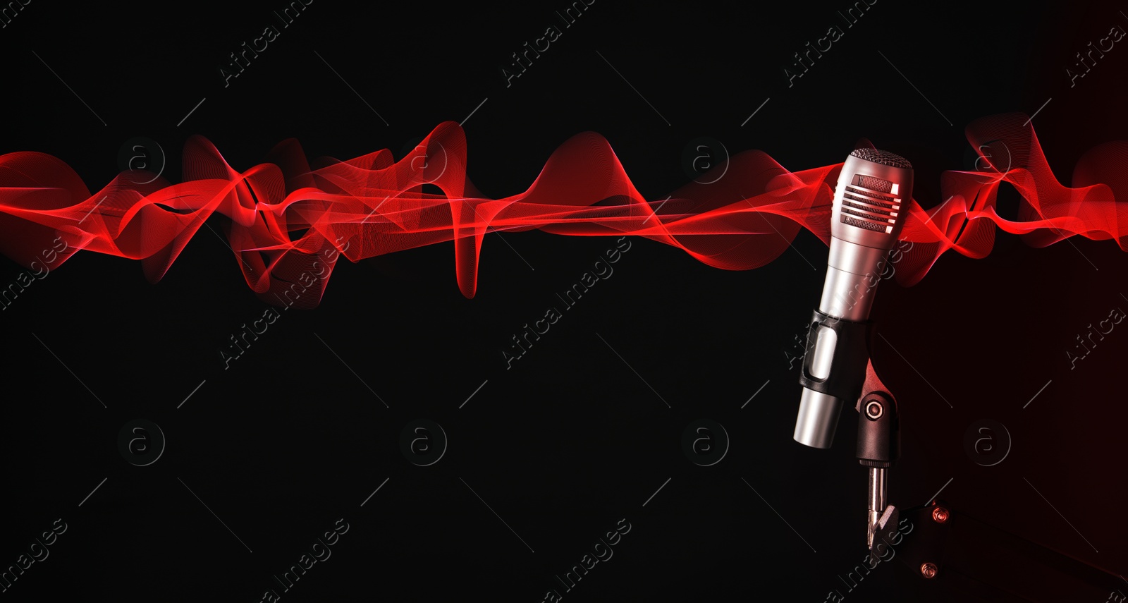 Image of Sound wave and microphone on black background. Banner design