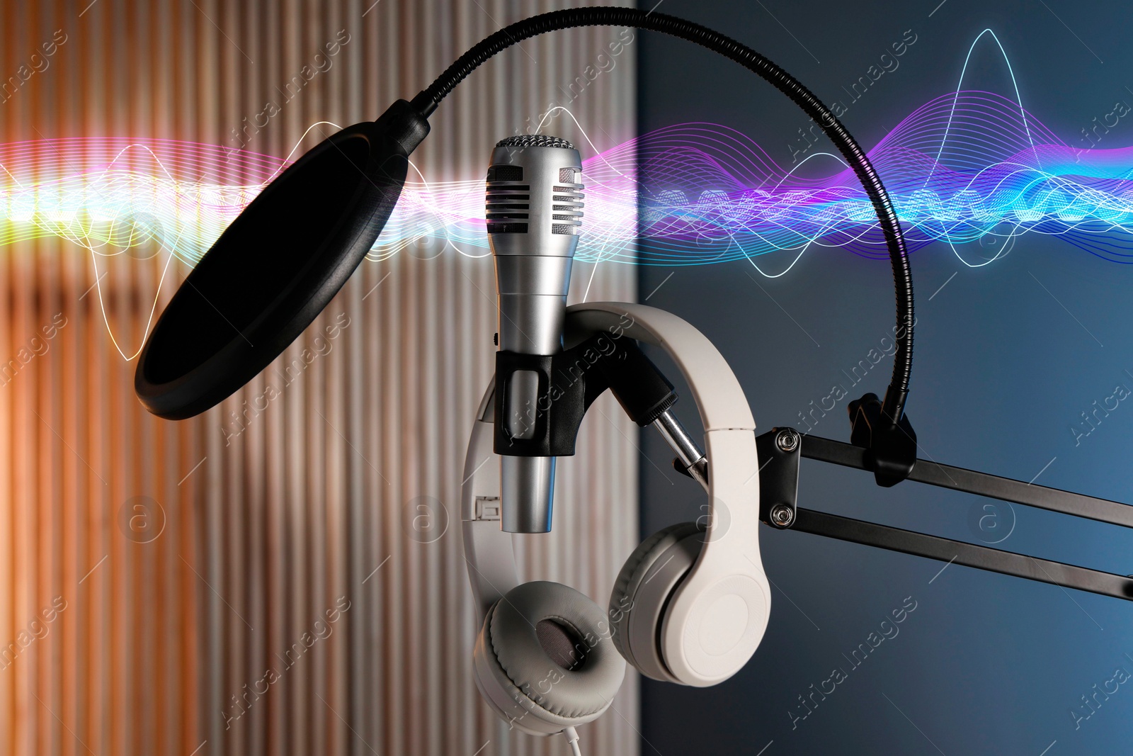 Illustration of Sound wave, microphone, headphones and pop filter in studio