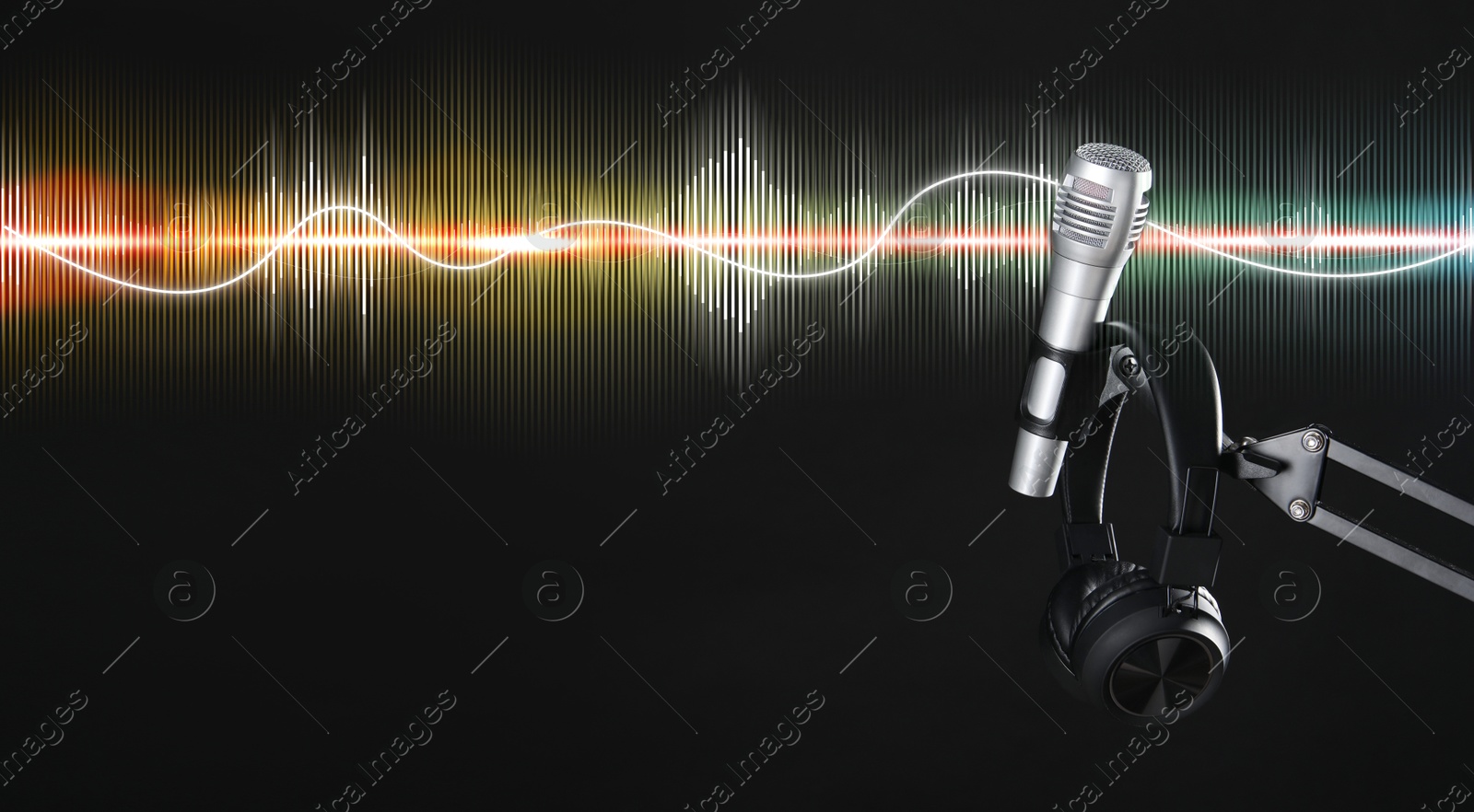 Illustration of Sound wave, microphone and headphones on black background. Banner design