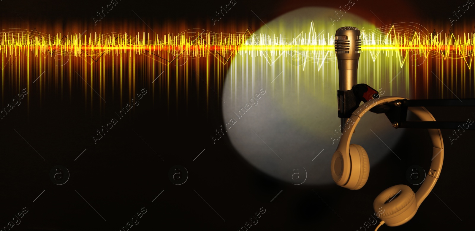 Illustration of Sound wave, microphone and headphones on black background with spotlight. Banner design