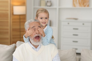 Photo of Grandpa and his granddaughter having fun at home