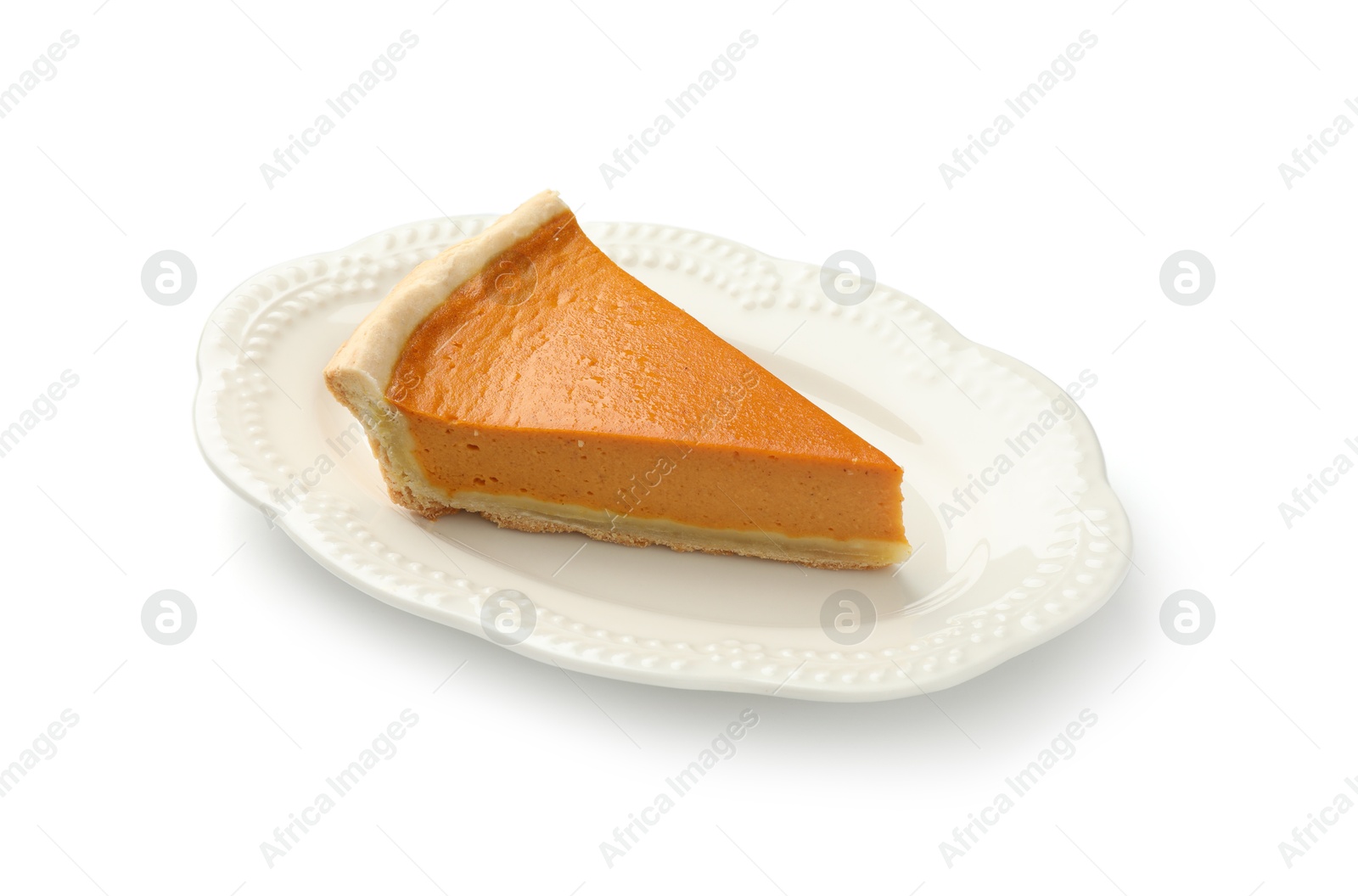 Photo of Piece of tasty homemade pumpkin pie isolated on white