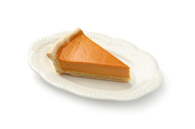 Photo of Piece of tasty homemade pumpkin pie isolated on white