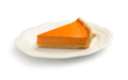 Photo of Piece of tasty homemade pumpkin pie isolated on white