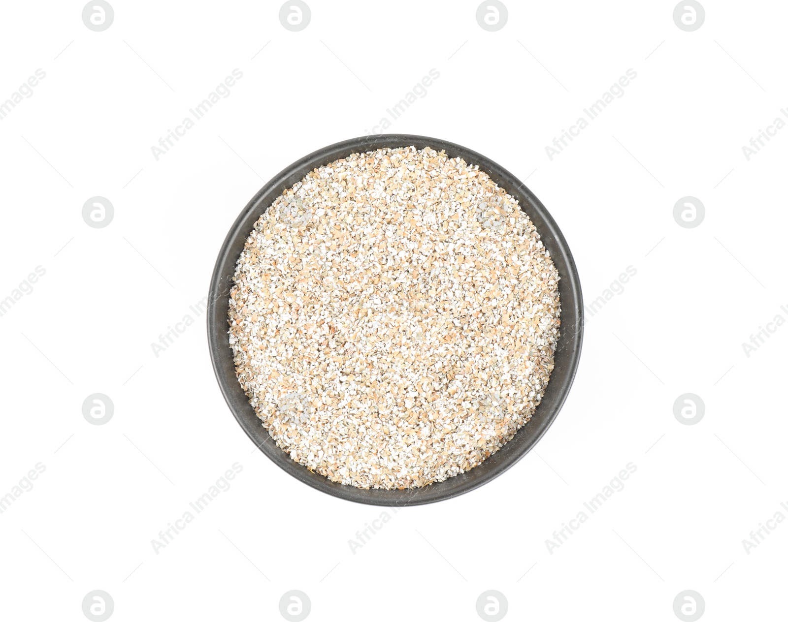 Photo of Rye bran in bowl isolated on white, top view