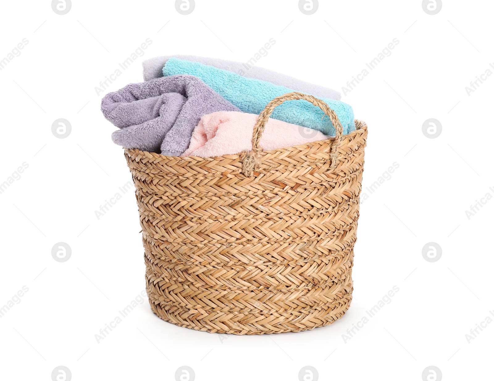 Photo of Wicker basket full of laundry isolated on white