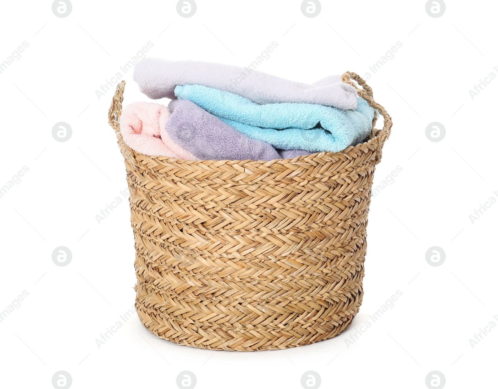 Photo of Wicker basket full of laundry isolated on white