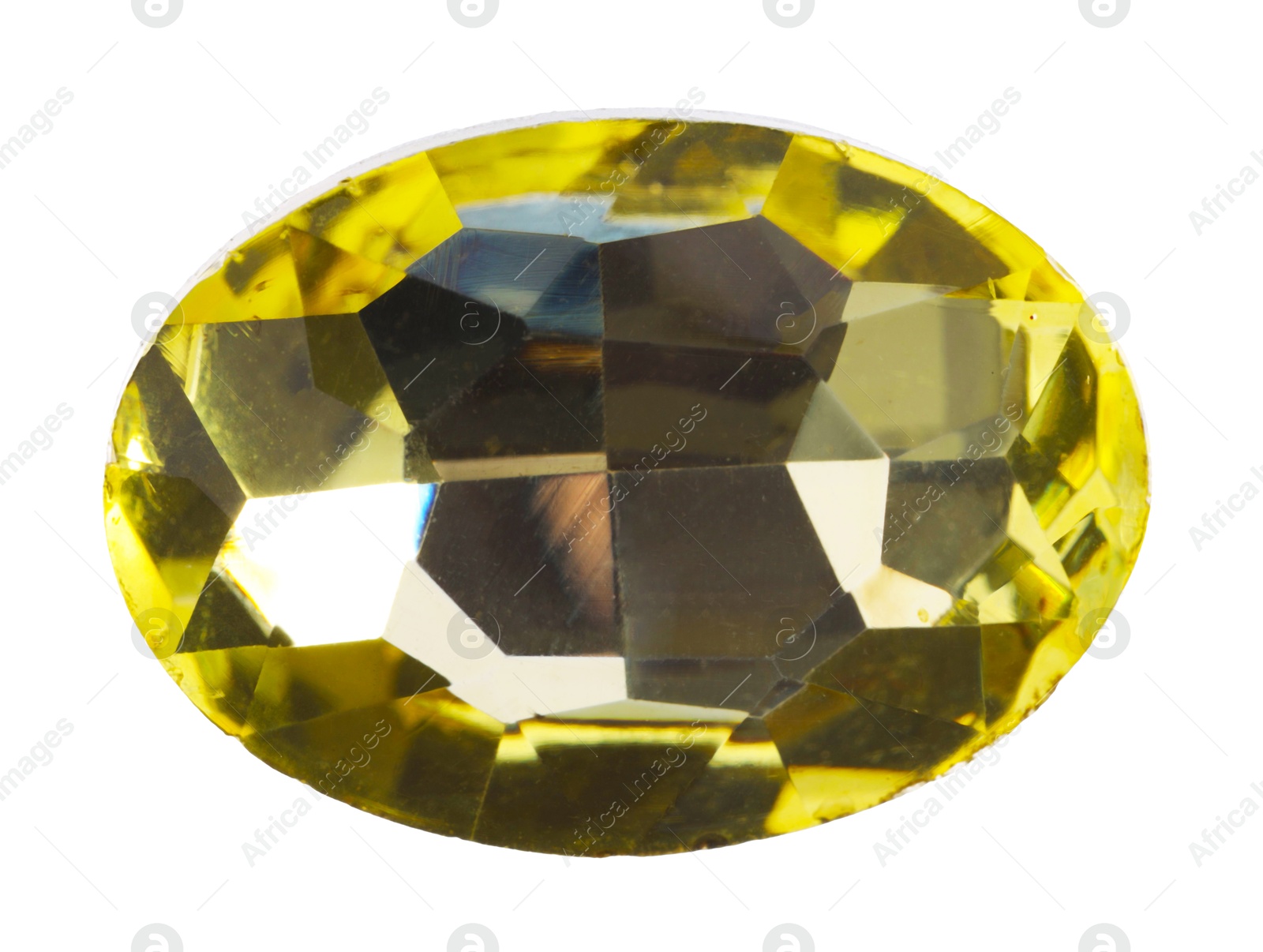 Photo of One yellow shiny gemstone isolated on white