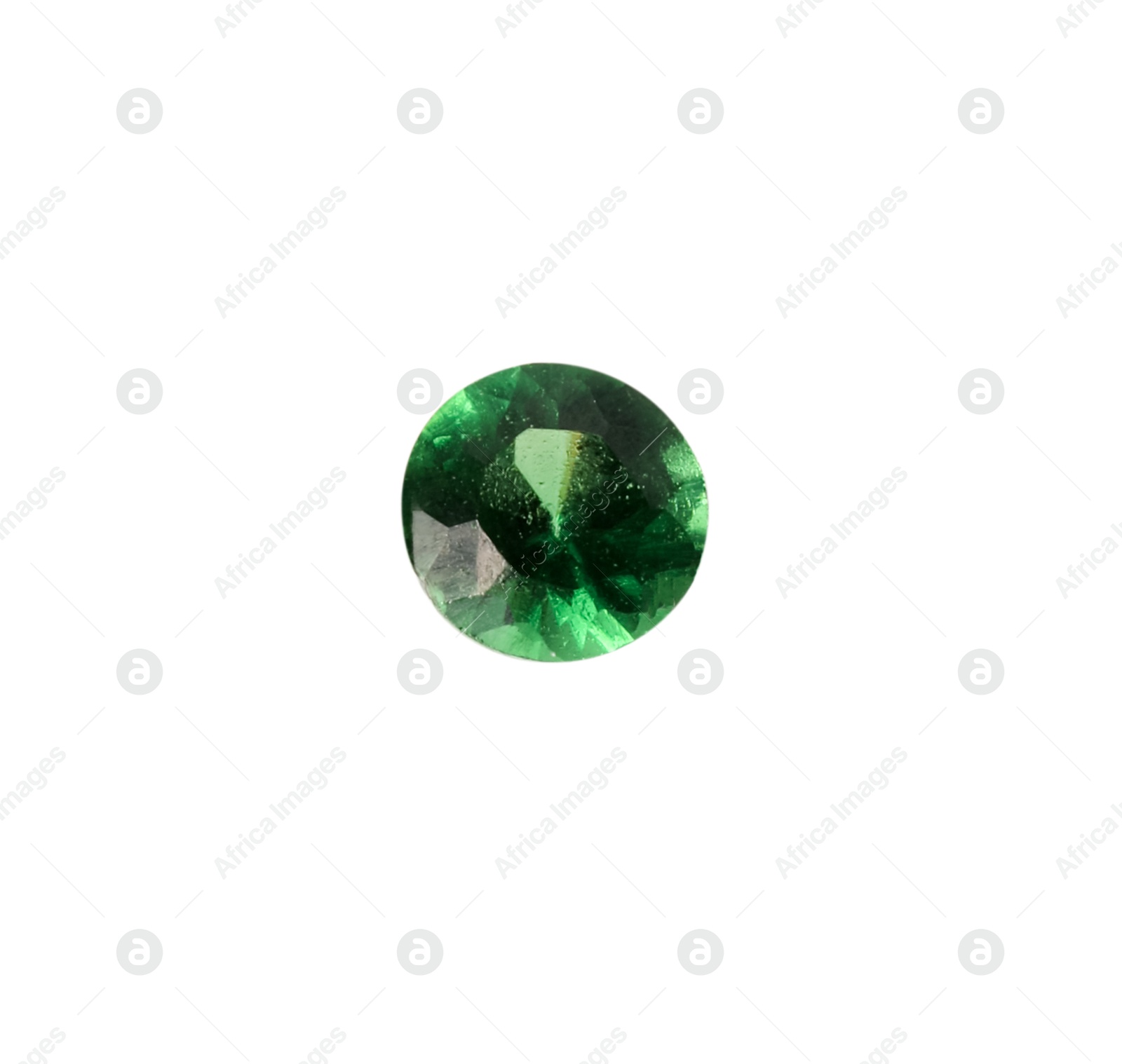 Photo of Tweezers with shiny green gemstone isolated on white