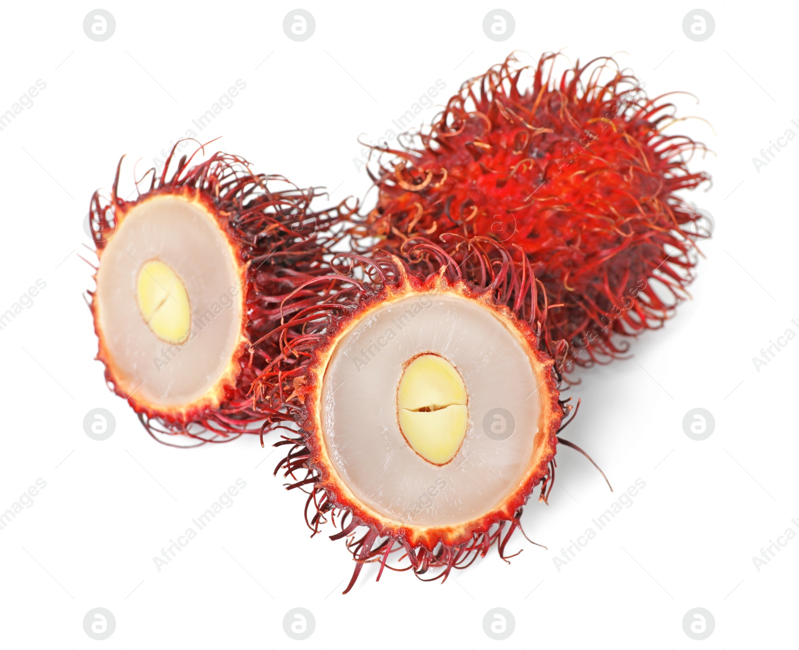 Photo of Delicious ripe rambutans isolated on white. Exotic fruit