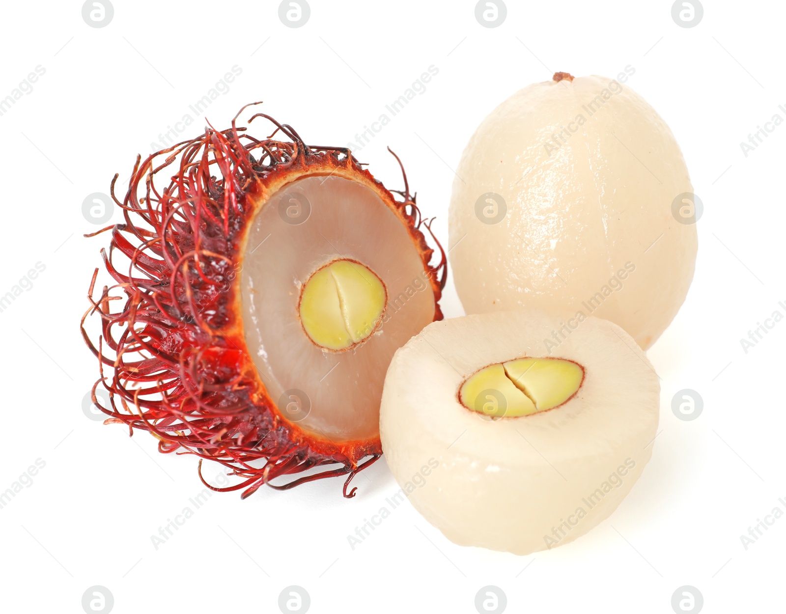 Photo of Delicious ripe rambutans isolated on white. Exotic fruit