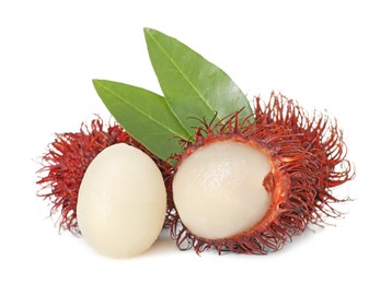 Photo of Delicious ripe rambutans and green leaves isolated on white. Exotic fruit